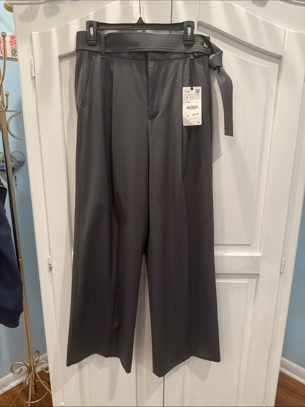 Zara Gray Wide-Leg High-Waist Trousers with Tie Belt